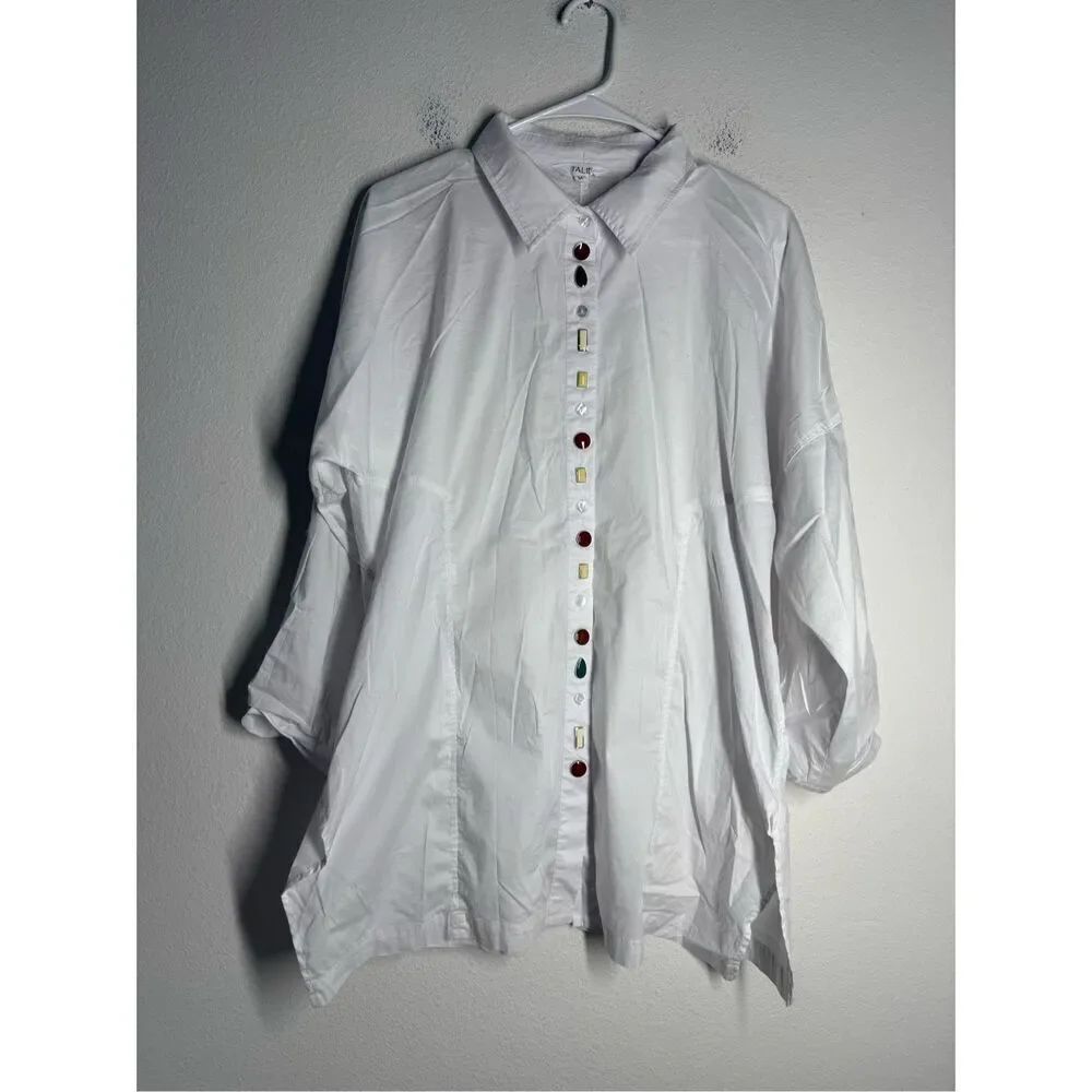 TALIE Women’s Luxury Cotton Blend Button Down White Shirt Long Sleeve Size M